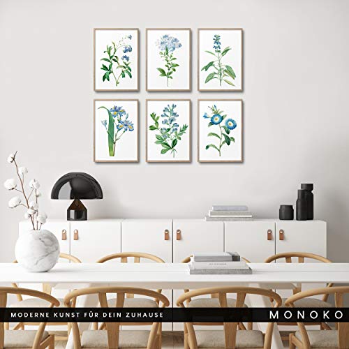 MONOKO® Juego de pósteres para el salón, juego de imágenes para el dormitorio, con estilo, 6 unidades, sin marco (flores, azul, vintage, 6 x A4 (21 x 29,7 cm)