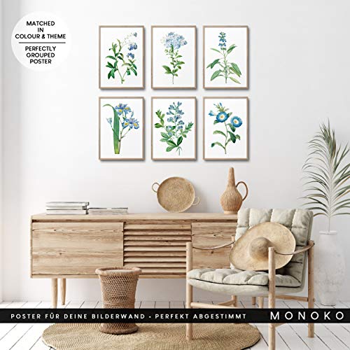 MONOKO® Juego de pósteres para el salón, juego de imágenes para el dormitorio, con estilo, 6 unidades, sin marco (flores, azul, vintage, 6 x A4 (21 x 29,7 cm)