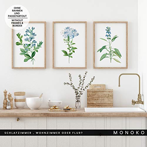 MONOKO® Juego de pósteres para el salón, juego de imágenes para el dormitorio, con estilo, 6 unidades, sin marco (flores, azul, vintage, 6 x A4 (21 x 29,7 cm)