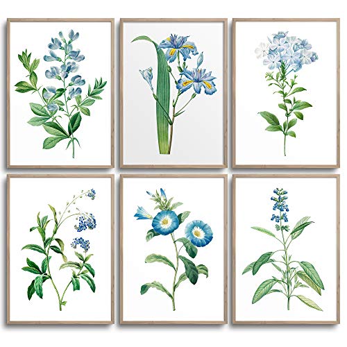 MONOKO® Juego de pósteres para el salón, juego de imágenes para el dormitorio, con estilo, 6 unidades, sin marco (flores, azul, vintage, 6 x A4 (21 x 29,7 cm)