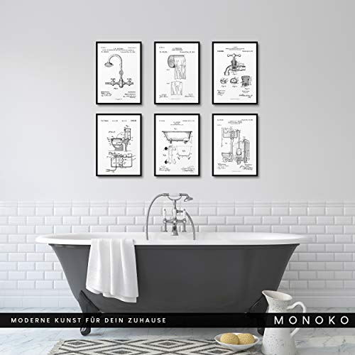 MONOKO® Póster para cuarto de baño con imágenes – elegante murales de baño – WC – 6 unidades sin marco (juego de inodoro, patente, blanco, 6 x A4 (21 x 29,7 cm)