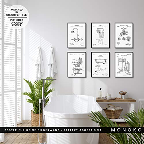 MONOKO® Póster para cuarto de baño con imágenes – elegante murales de baño – WC – 6 unidades sin marco (juego de inodoro, patente, blanco, 6 x A4 (21 x 29,7 cm)
