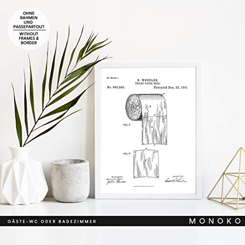 MONOKO® Póster para cuarto de baño con imágenes – elegante murales de baño – WC – 6 unidades sin marco (juego de inodoro, patente, blanco, 6 x A4 (21 x 29,7 cm)