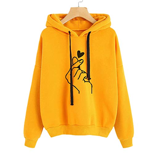 Mujer Sudaderas con Capucha de Manga Larga para Adolescentes Chicas Niña - Planeta Imprimir (Mano Corazon Imprimiendo~Amarillo, Small)