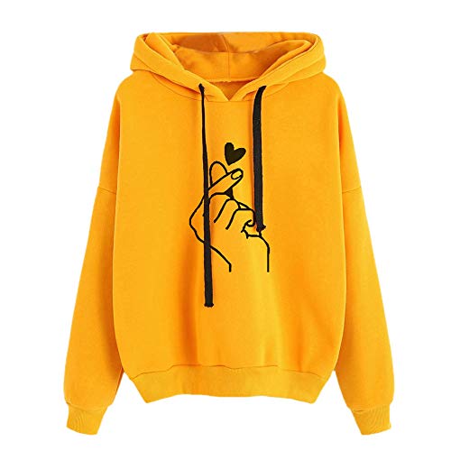 Mujer Sudaderas con Capucha de Manga Larga para Adolescentes Chicas Niña - Planeta Imprimir (Mano Corazon Imprimiendo~Amarillo, Small)