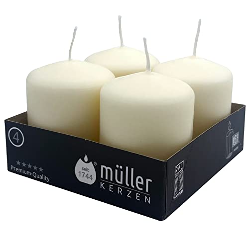 Müller - Velas de columna cilíndricas, juego de 4 velas de color marfil - 48 x 62 mm - Larga duración: aprox. 10 horas - Cera antigoteo, sin olor - Protección contra incendios BSS - Calidad RAL