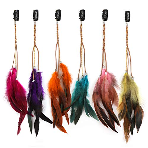 MWOOT 6 Piezas Clips de Pelo Pluma, Pluma Extensiones de Cabello, Bohemio e Indio Tocado de Plumas, Festival Cosplay de Halloween Decoracion de Cabello Accesorios - Estilo de Cadena