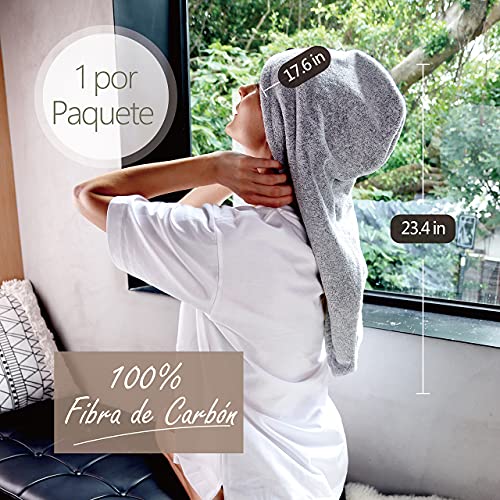 myHomeBody Toalla para el Cabello | Turbante de Lujo de Secado Rápido Anti-Encrespado | Fibra de Carbón Absorbente Ultra Suave y de Secado Rápido, con Botón de Cáscara de Coco - Gris