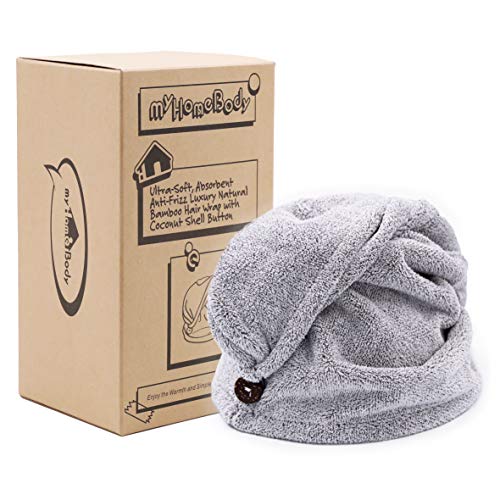 myHomeBody Toalla para el Cabello | Turbante de Lujo de Secado Rápido Anti-Encrespado | Fibra de Carbón Absorbente Ultra Suave y de Secado Rápido, con Botón de Cáscara de Coco - Gris