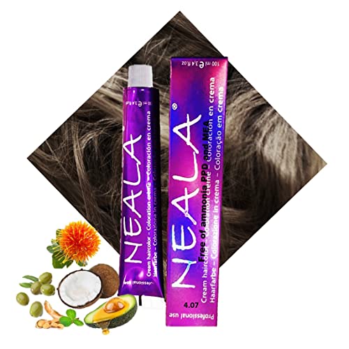 N-4.07 -Tintes Profesionales SIN AMONIACO y libre de PPD y MEA Enriquecido con Omega9, extractos naturales y vitaminas. Gran brillo y cobertura. 4.07 CASTAÑO CARAMELO - NEALA 100ml.