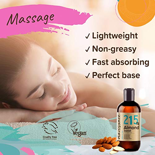 Naissance Aceite De Almendras Dulces Prensado en Frio Puro (no. 215) - 250ml - Hidratante y Emoliente Natural Cuidado Cara, Pelo, Uñas, Cuerpo, Piel – Ideal Para Masaje Corporal, Jabones, Estrías