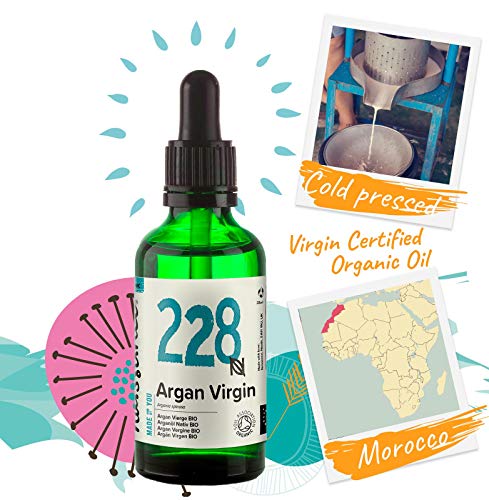 Naissance Aceite Vegetal de Argán de Marruecos BIO n. º 228 - 50ml - Puro, natural, vegano, certificado ecológico, sin hexano y no OGM - Hidratación natural para el rostro, el cabello, la barba y las cutículas.