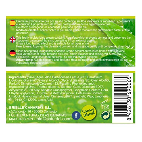 NATURDEL Aloe Vera, Crema Hidratante Multiacción Cara y Cuerpo, Cultivo ecológico Español. 250 ml