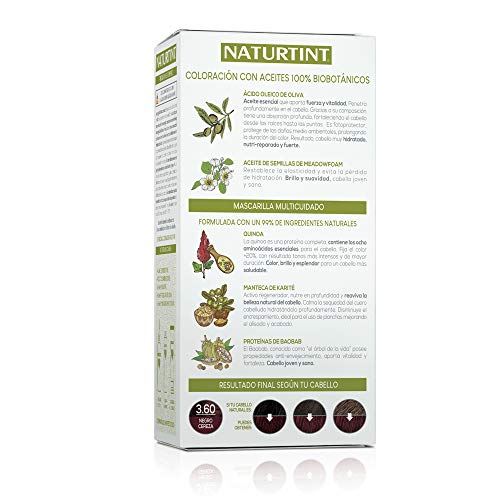 Naturtint Coloración. Tinte sin Amoniaco.100% Cobertura de Canas. Ingredientes y Aceites Vegetales. Color Natural. 3.60 Negro Cereza. Pack de 3