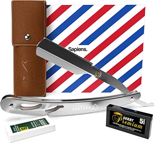 Navaja de Afeitar de Barbero de Sapiens - Accesorio Profesional de Afeitado y Cuidado de Contorno de Barba con 10 Cuchillas Derby (o sea 20 Hojillas Simples) - Silver Edition