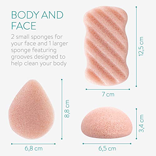 Navaris Set de 3x esponja exfoliante Konjac - Esponjas de limpieza facial para todo tipo de piel rostro cuerpo - 100% natural vegana - Arcilla rosa