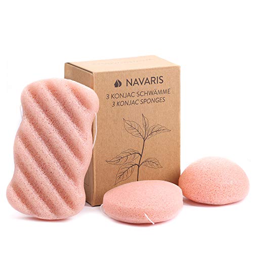 Navaris Set de 3x esponja exfoliante Konjac - Esponjas de limpieza facial para todo tipo de piel rostro cuerpo - 100% natural vegana - Arcilla rosa