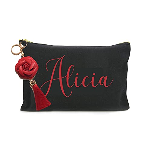 Neceser personalizado, Bolsa de aseo, maquillaje, en algodón negro Con borla y nombre. 2 TAMAÑOS. Regalo original para mujer. Personalizado en España. (26 x 24 cm, Neceser NEGRO Borla Rosa Roja)