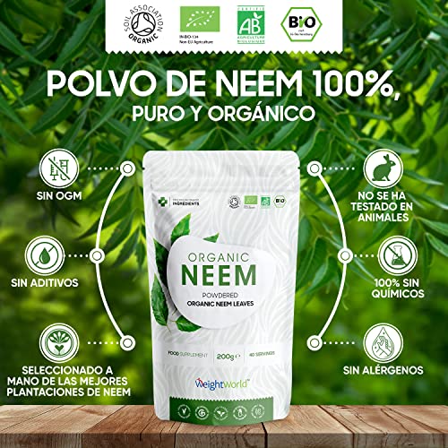 Neem en Polvo Orgánico 200g - Polvo Puro de Neem del Árbol de Azadirachta Indica - Polvo Ayurvédico para Piel y Cabello, Suplemento Neem Bio en Polvo, 100% Natural, Ayurveda Neem Leaf, WeightWorld