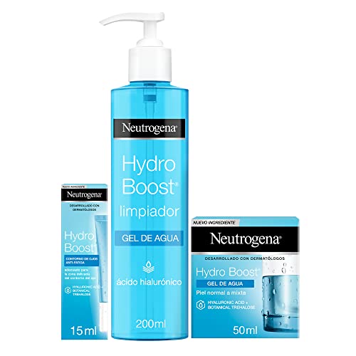 Neutrogena Hydro Boost, 1 Limpiador Facial (200ml), 1  Gel de Aqua Pieles Normales y Mixtas (50ml), 1 Contorno Ojos Anti-Fatiga (15ml), con Ácido Hialurónico, Pack de 3