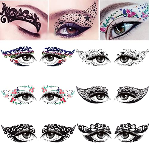 NICENEEDED 12 par de Pegatinas de Tatuaje Temporal para Ojos, Etiqueta Engomada Impermeable de la Plantilla Del Maquillaje de Ojos para la Fiesta, Pegatinas Delineador de Ojos