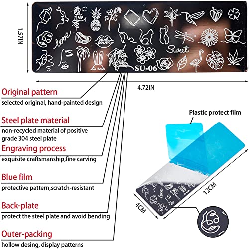 NICENEEDED Kit de Estampado para Decoración de Uñas con Palabras de Flores, 5 Uds.Plantillas de Sellos de Uñas Y Estampadores de Uñas Y Placas de Uñas Raspadoras de Uñas para Decoración de Bricolaje