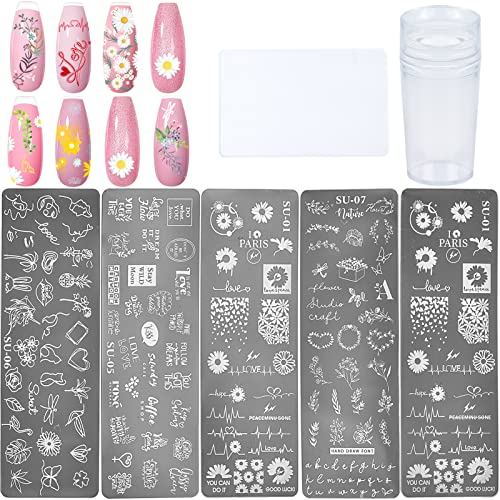 NICENEEDED Kit de Estampado para Decoración de Uñas con Palabras de Flores, 5 Uds.Plantillas de Sellos de Uñas Y Estampadores de Uñas Y Placas de Uñas Raspadoras de Uñas para Decoración de Bricolaje