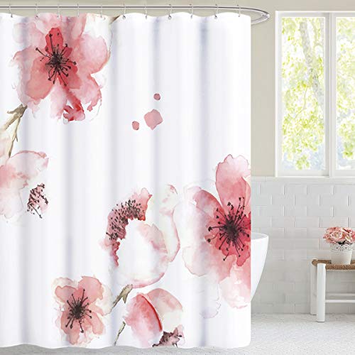 NICETOWN Cortinas de Ducha - Cortinas para Baño Flores Rosadas Decorativa Resistente al Agua con Ganchos, 180 x 180 CM