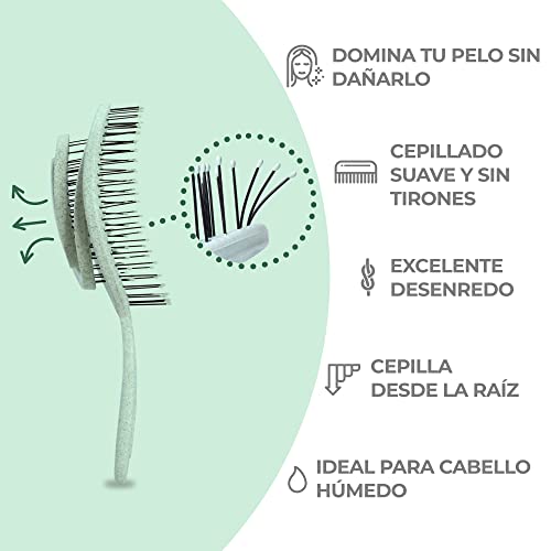 Ninabella Cepillo Bio para el Pelo Antitirones - Cepillo Desenredante Profesional Eco - Cepillo para Cabello con Muelle en Espiral - Peine para Nudos y Enredos - Verde
