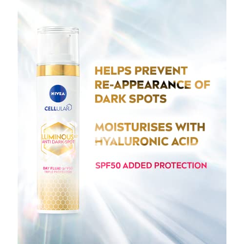 NIVEA Cellular LUMINOUS 630 Anti-Dark Spot Triple Protección Day Fluid SPF 50 (40ml), Crema de día para mujeres, Crema facial antimanchas, crema hidratante para la piel luminosa