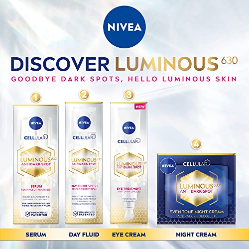 NIVEA Cellular LUMINOUS 630 Anti-Dark Spot Triple Protección Day Fluid SPF 50 (40ml), Crema de día para mujeres, Crema facial antimanchas, crema hidratante para la piel luminosa