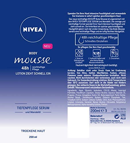 Nivea Cuerpo Mousse con mandelöl, para piel seca, dispensador, 200 ml