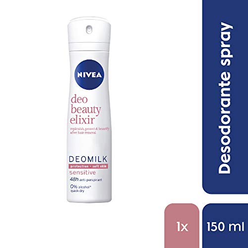 NIVEA DeoMilk Sensitive Beauty Elixir Desodorante Spray, 1 x 150 ml, desodorante antitranspirante con esencia de leche, para pieles sensibles