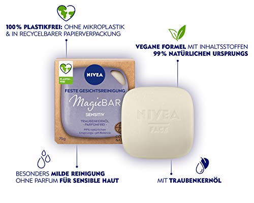 NIVEA MagicBar Sensitiv - Limpiador facial fijo, 75 g, sin perfume, cosmética natural certificada con aceite de pepitas de uva