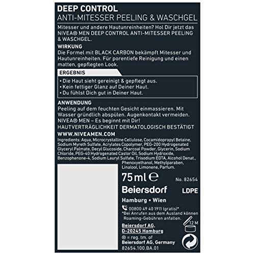 Nivea Men Deep Control - Gel exfoliante antiespinillas y gel de lavado, 1 envase de 75 ml, limpieza facial, limpieza profunda de los poros con exfoliante para la cara