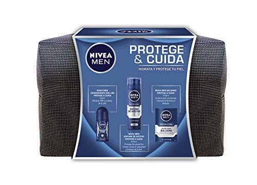 NIVEA MEN Pack Protege y Cuida Neceser, set de baño para hombre con espuma de afeitar (1 x 250 ml), bálsamo aftershave (1 x 100 ml) y desodorante roll on (1 x 50 ml)