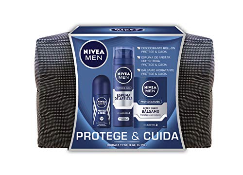 NIVEA MEN Pack Protege y Cuida Neceser, set de baño para hombre con espuma de afeitar (1 x 250 ml), bálsamo aftershave (1 x 100 ml) y desodorante roll on (1 x 50 ml)