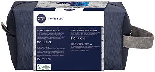 NIVEA MEN Travel Buddy Set de regalo para hombres con desodorante en spray, champú, crema hidratante para cara, manos y cuerpo y neceser, (250 ml + 150 ml + 150 ml)