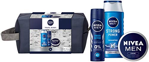 NIVEA MEN Travel Buddy Set de regalo para hombres con desodorante en spray, champú, crema hidratante para cara, manos y cuerpo y neceser, (250 ml + 150 ml + 150 ml)