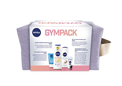 NIVEA Neceser Gimnasio Gympack, set para ella con desodorante roll on (1 x 50 ml), loción corporal (1 x 400 ml), limpiador facial (1 x 150 ml) y gel de ducha (1 x 750 ml)