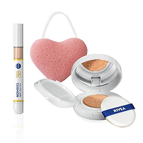 Nivea Q10 Plus Antiarrugas Skin Care Cushion - Crema de color antiedad 3 en 1 y Eye Care Cushion - Corrector para ojeras, de regalo la esponja Konjac para la limpieza y la detección del rostro