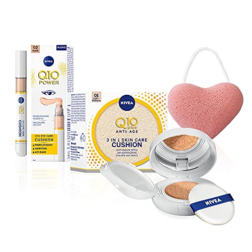 Nivea Q10 Plus Antiarrugas Skin Care Cushion - Crema de color antiedad 3 en 1 y Eye Care Cushion - Corrector para ojeras, de regalo la esponja Konjac para la limpieza y la detección del rostro