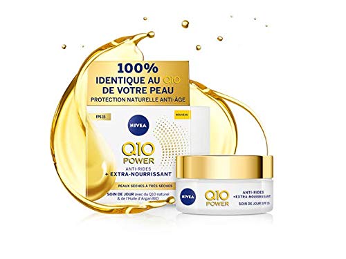 Nivea Q10 Power antiarrugas - Cuidado de día + extra nutritivo (1 x 50 ml), cuidado facial FPS 15 enriquecido con aceite de argán orgánico y Q10 natural, crema de día para piel seca a muy seca