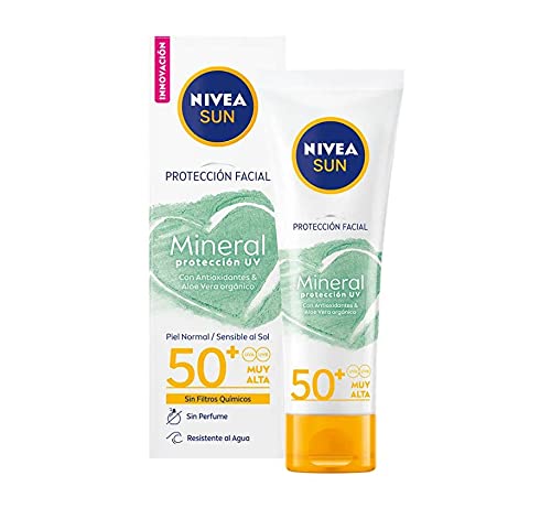 Nivea Sun Protección Facial UV Mineral FP50+ (1 x 50 ml), crema solar facial vegana resistente al agua y sin perfume, protección solar muy alta sin filtros químicos