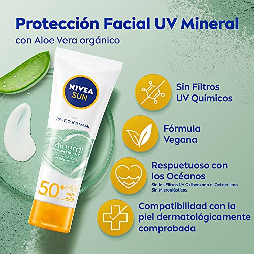 Nivea Sun Protección Facial UV Mineral FP50+ (1 x 50 ml), crema solar facial vegana resistente al agua y sin perfume, protección solar muy alta sin filtros químicos