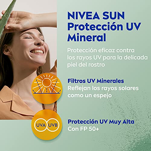 Nivea Sun Protección Facial UV Mineral FP50+ (1 x 50 ml), crema solar facial vegana resistente al agua y sin perfume, protección solar muy alta sin filtros químicos