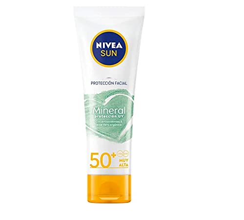 Nivea Sun Protección Facial UV Mineral FP50+ (1 x 50 ml), crema solar facial vegana resistente al agua y sin perfume, protección solar muy alta sin filtros químicos