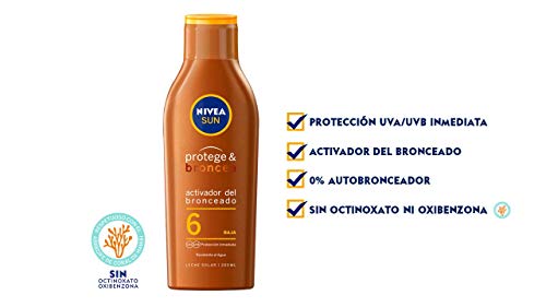 NIVEA SUN Protege & Broncea Leche Solar Activadora del Bronceado FP6 (1 x 200 ml), potenciador del bronceado resistente al agua, protección solar baja