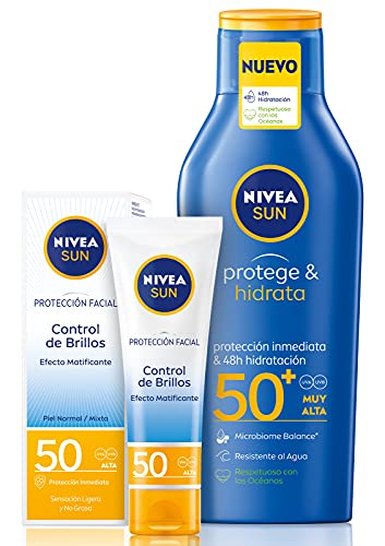Nivea Sun Protege & Hidrata - Leche solar FP50+, hidratante, resistente al agua, protección UVA/UVB - 400 ml + Crema solar facial con protección solar FP50 - 50 ml
