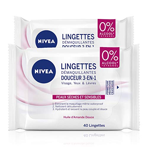 Nivea - Toallitas desmaquillantes 3 en 1 (2 x 40 ST), desmaquillante 3 en 1 para pieles secas y sensibles al aceite de almendras dulces, limpiador facial, ojos y labios